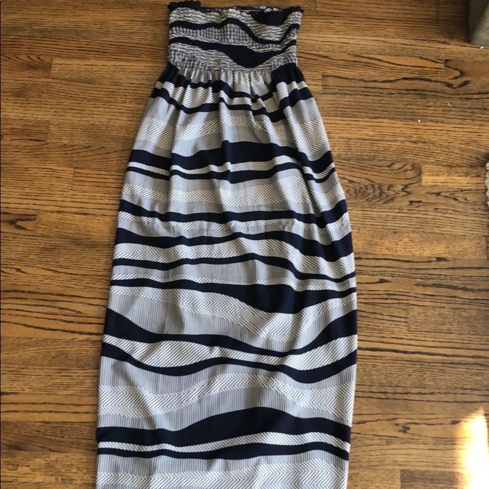 Bloomingdales navy striped maxi dress